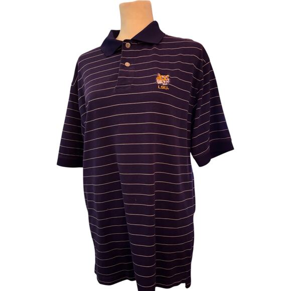 LSU Tigers Embroidered Stripe Polo Short Sleeve Shirt, Size Large - Picture 1 of 5